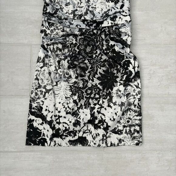 Bisou Bisou Mini Dress Ruched Black & White Floral Print Cocktail Sleeveless 8 - Picture 6 of 6
